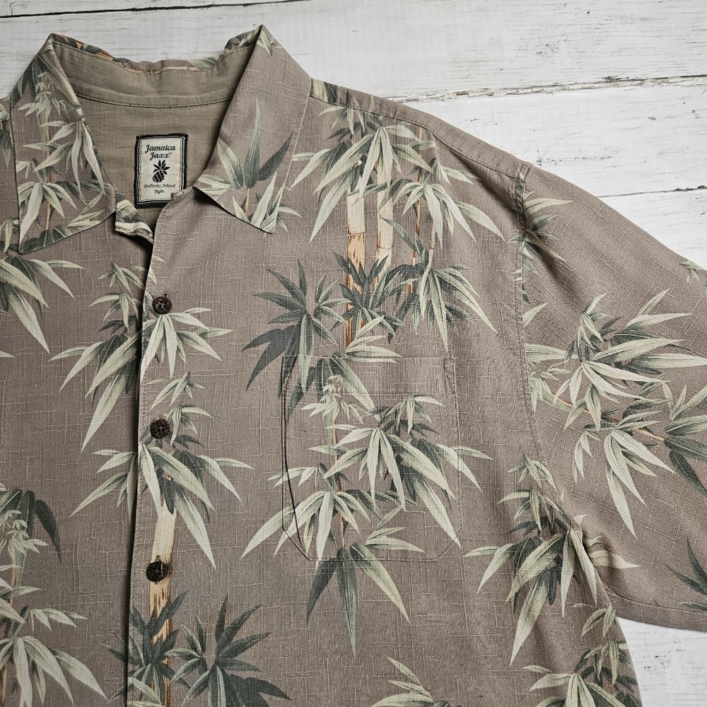 VTG Jamaica Jaxx 100% Silk Hawaiian Shirt Mens XL Brown Bamboo Leaf Print Camp‎